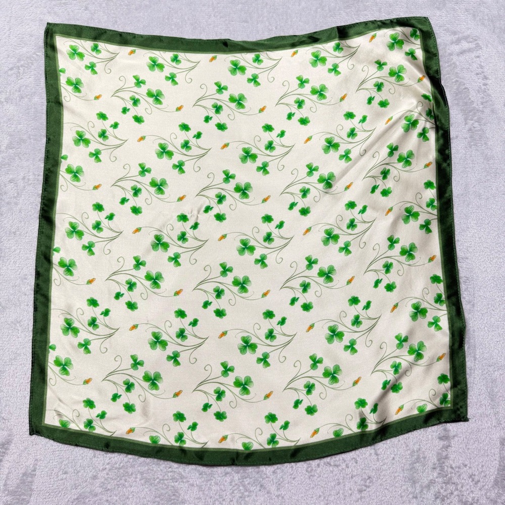 Vintage 90s Green Shamrock Silk Scarf Cottagecore Irish Luck 20x20 OS St Patrick